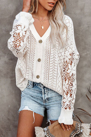 White Lace Crochet Hollow Out Knit Buttoned Sweater