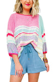 Pink Color Block Striped Three-Quarter Sleeve Knitted Top