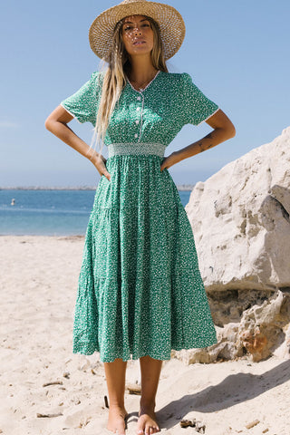 Green Floral Print Lace Splicing Flared High Waist Midi Dress
