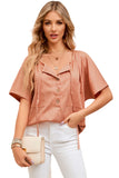 Orange Notched V Neck Buttoned Front Textured Loose Top