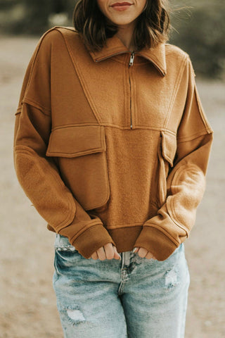 Brown Zip Collared Big Flap Pocket Exposed Seam Sweatshirt