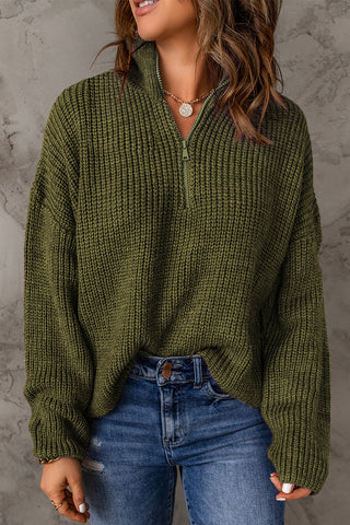 Red Zipped Turtleneck Drop Shoulder Knit Sweater
