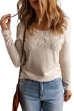 Beige Lace Crochet V Neck Long Sleeve Top