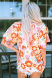 Purple Multicolor Stand Collar Flutter Sleeves Floral Top