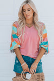 Rose Stripe Color Block Bubble Sleeve Top