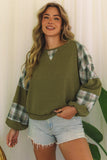 Green Plaid Patch Waffle Knit Exposed Seam Bubble Sleeve Top