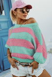 Green Contrast Striped Drop Shoulder Loose Sweater