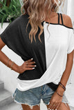 Khaki Asymmetric Colorblock Strappy Cold Shoulder Twist Hem Top