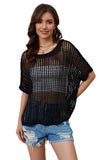 Apricot Fishnet Knit Ribbed Round Neck Short Sleeve Sweater Tee