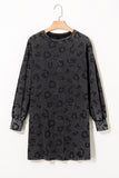 Gray Leopard Pocketed Puff Sleeve Mini Dress