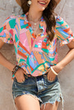 Multicolor Abstract Geometry Print Half Puff Sleeve Loose Shirt