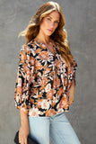 Brown Floral Print 3/4 Sleeve Babydoll Blouse