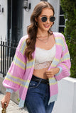 Pink Contrast Striped Open Front Cable Cardigan