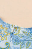 Sky Blue Paisley Pattern Print Drawstring V Neck Blouse