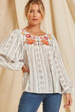 White Floral Embroidered Ethnic Printed Crinkle Blouse