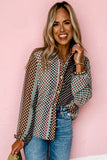 Brown Dot Print Long Sleeve Button Down Shift Shirt