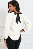 Green Color Block Bow Back Mock Neck Blouse