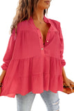 Rose Half Buttoned Ruffle Tiered Long Sleeve Blouse