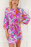 Purple Floral Keyhole Back Long Sleeve Belted Dress