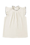 White Contrast Trim Ruffled Crew Neck Sleeveless Top