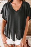 Black Fringe Hem V Neck T Shirt