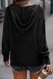 V Neck Ribbed Drop Shoulder Hooded Sweater