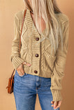 Green Front Pockets Buttons Textured Cardigan