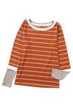 Brown Extend Color Block Cuffs Rib Knit Striped Pullover