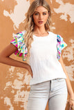 White Voluminous Printed Puff Sleeve Textured Top