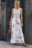 White Striped Floral Print Sleeveless Maxi Dress with Pocket