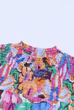 Multicolor Floral Print Flutter Sleeves Smocked Neck Blouse