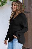 V Neck Ribbed Drop Shoulder Hooded Sweater