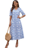 Sky Blue V Neck Casual Geometric Print Maxi Dress