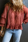 Red Swiss Dot Lace up V Neck Ruffled Blouse