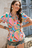 Multicolor Abstract Geometry Print Half Puff Sleeve Loose Shirt