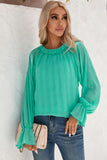 Green Striking Pleated Flared Cuff Long Sleeve Blouse