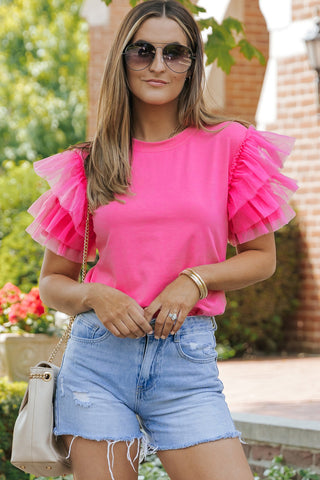 Pink Tulle Ruffle Sleeve Top