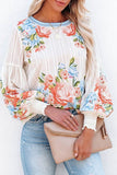 White Floral Striped Print Smocked Lantern Sleeve Top