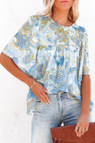 Sky Blue Paisley Pattern Print Drawstring V Neck Blouse