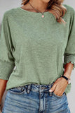 Green Smocked 3/4 Sleeve Casual Loose Top