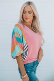 Rose Stripe Color Block Bubble Sleeve Top