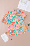 Multicolor Abstract Geometry Print Half Puff Sleeve Loose Shirt