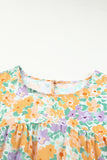 Yellow Floral Print Keyhole Back Short Sleeve Babydoll Blouse