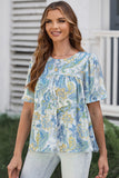 Sky Blue Paisley Pattern Print Drawstring V Neck Blouse