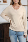 Apricot Ribbed Texture Lace Trim V Neck Long Sleeve Top