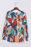 Multicolor Abstract Pattern Crewneck Ruffled Puff Sleeve Blouse