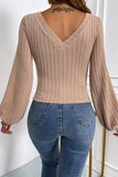 Khaki Knitted Jacquard V Neck Lantern Sleeve Top