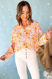 Yellow Floral Print Turn Down Collar Loose Shirt