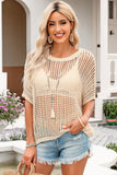 Apricot Fishnet Knit Ribbed Round Neck Short Sleeve Sweater Tee