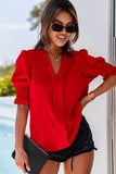 Red Solid Color Half Sleeve V Neck Blouse